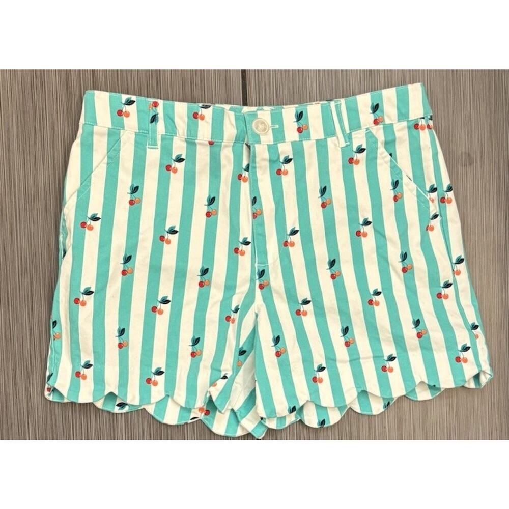 Crown & Ivy Girls Green/White Striped Shorts Size 14 Cherries Scalloped